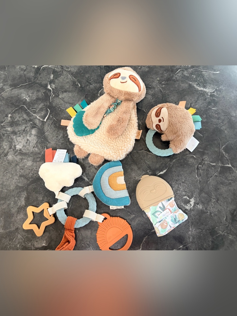 Itzy ritzy baby sloth theme toys and teething mitt